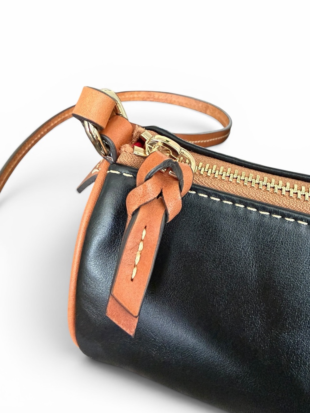 Dooney & Bourke Buffy Crossbody Black with Tan Trim Leather Barrel Crossbody - Picture 11 of 16